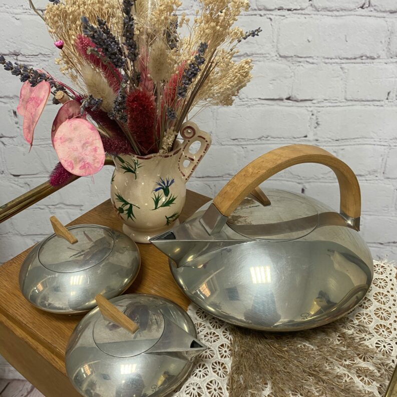 Trio service à thé étain Boutique du manoir théière pot à lait sucrier