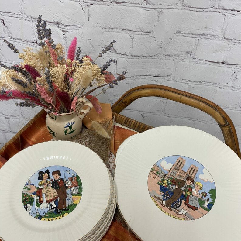 Service 13 assiettes vintage porcelaine opaque Digoin Sarreguemines régions de France
