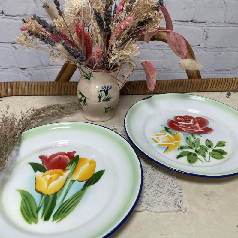 Duo assiettes vintage métal émaillé (6)