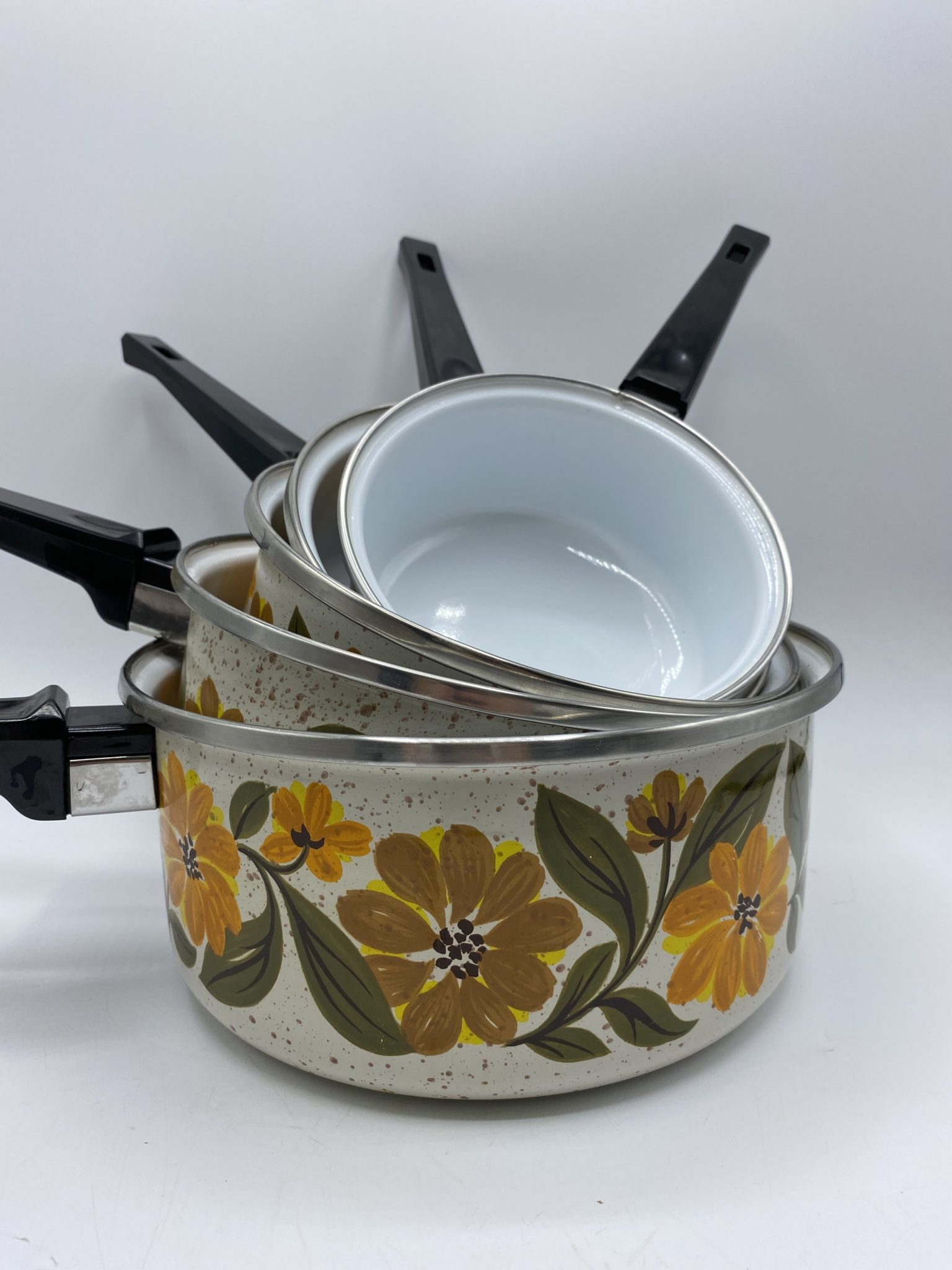 Set De 3 Petites Casseroles En émail à Fond Plat - Avec Poignées Doubles - Pour Soupe, Nouilles Instantanées, Lait - Motifs Aléatoires