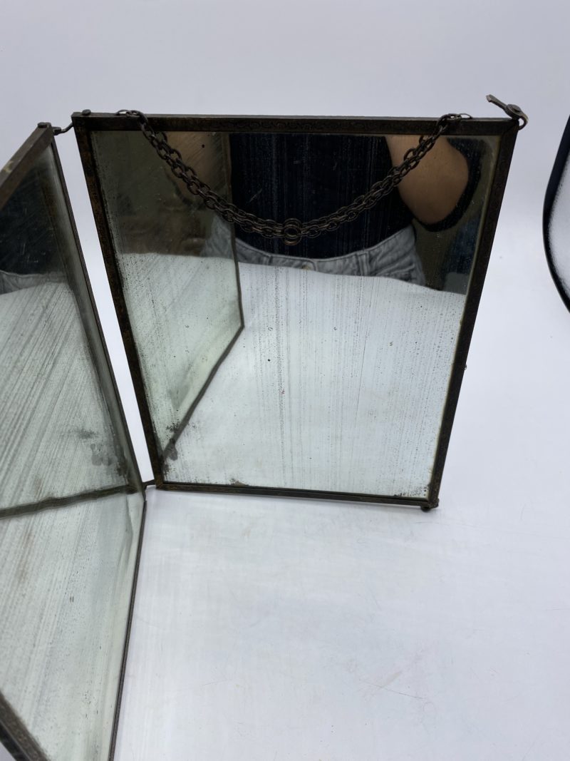Miroir barbier vintage triptyque doublé panneau bois – Image 2