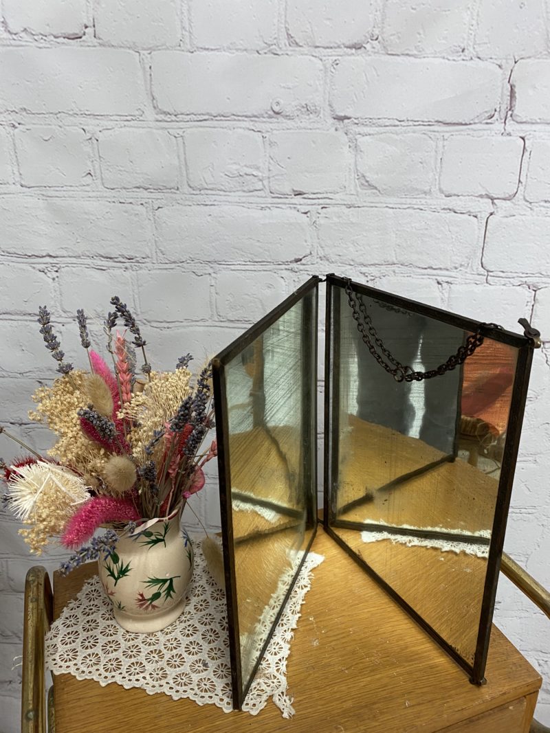 Miroir barbier vintage triptyque doublé panneau bois