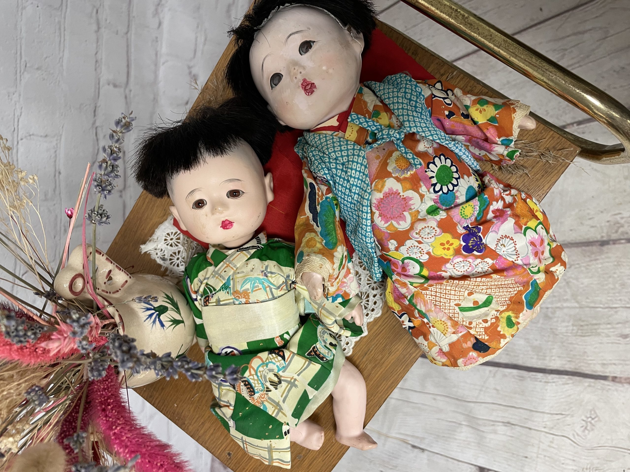 Duo poupées japonaises vintage Ichimatsu Composite avec boîte