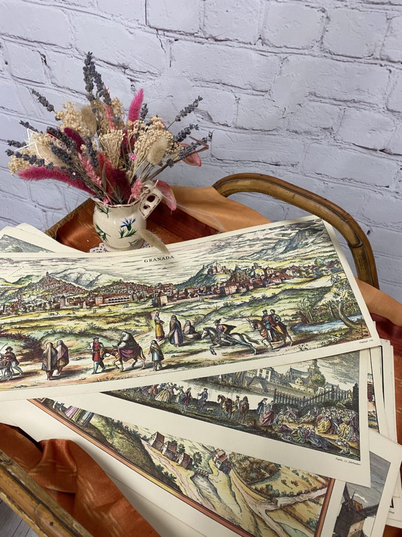 Lot de 13 reproductions gravure cartes et paysages villes et villages 1563