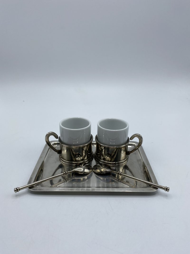 Service duo tasses à moka porte tasses et petit plateau vintage en inox – Image 3