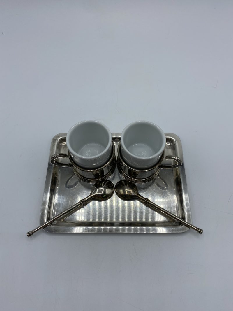 Service duo tasses à moka porte tasses et petit plateau vintage en inox – Image 2