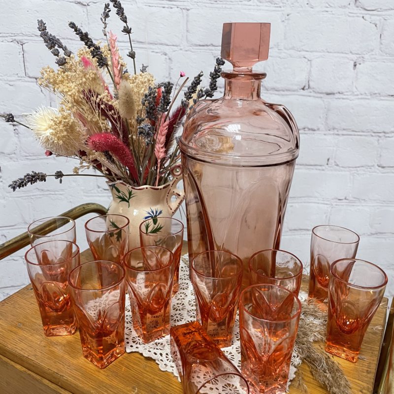 service liqueur vintage verre rose carafe