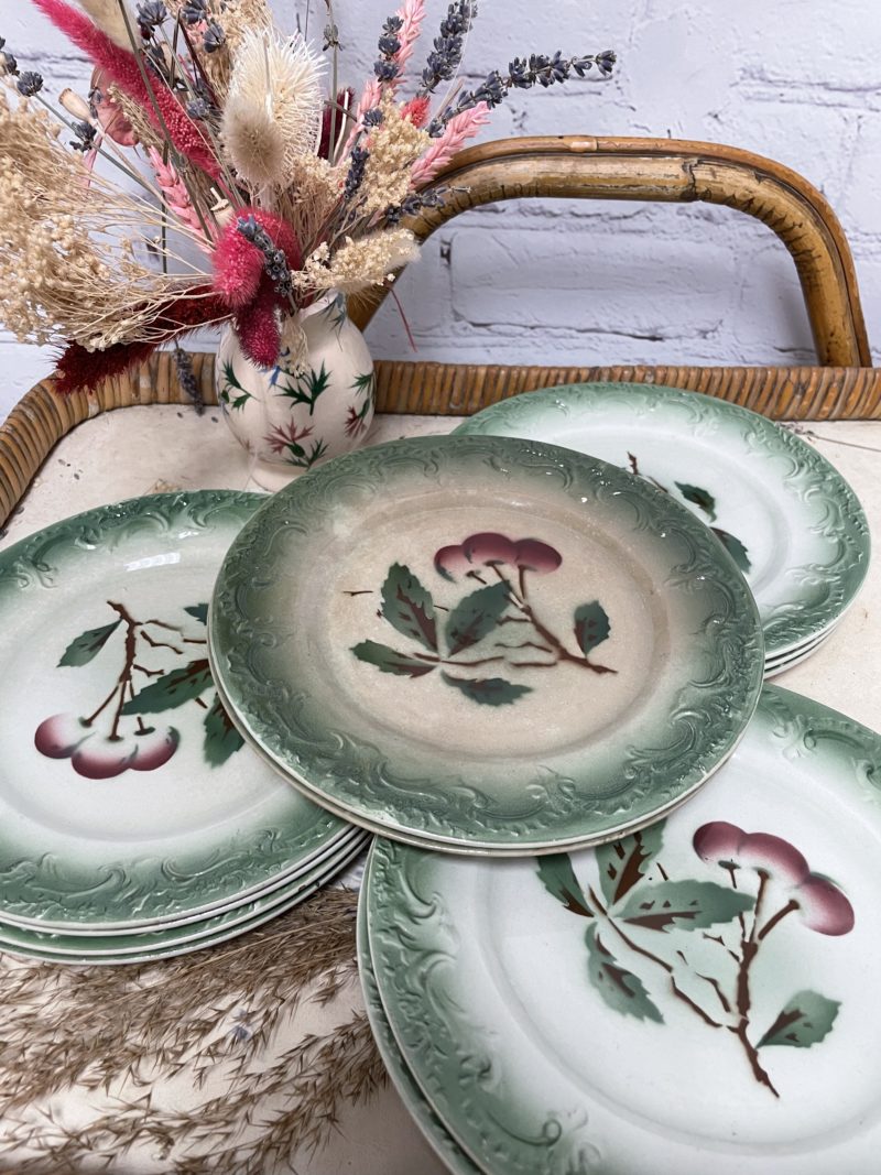 12 assiettes plates pexonne verte vaisselle vintage porcelaien opaque (62)