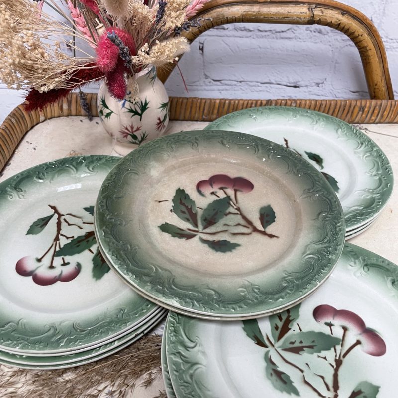 12 assiettes plates pexonne verte vaisselle vintage porcelaien opaque (62)