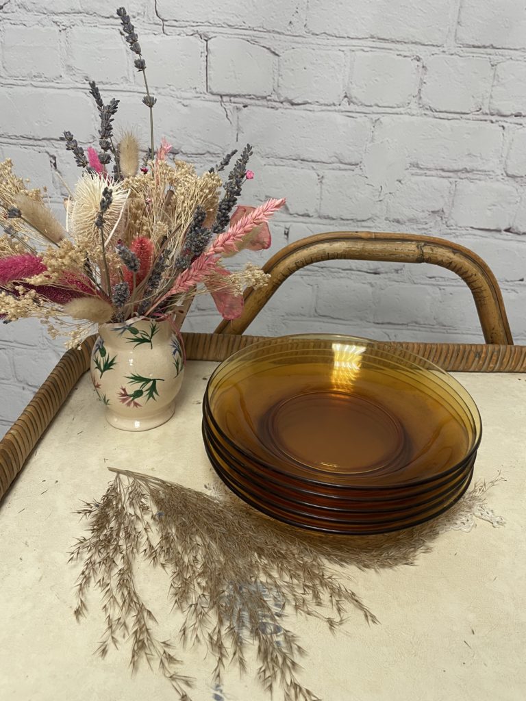 Lot De 3 Assiettes Creuses En Verre Vereco Ambrées - Style Vintage/rétro - Occasion