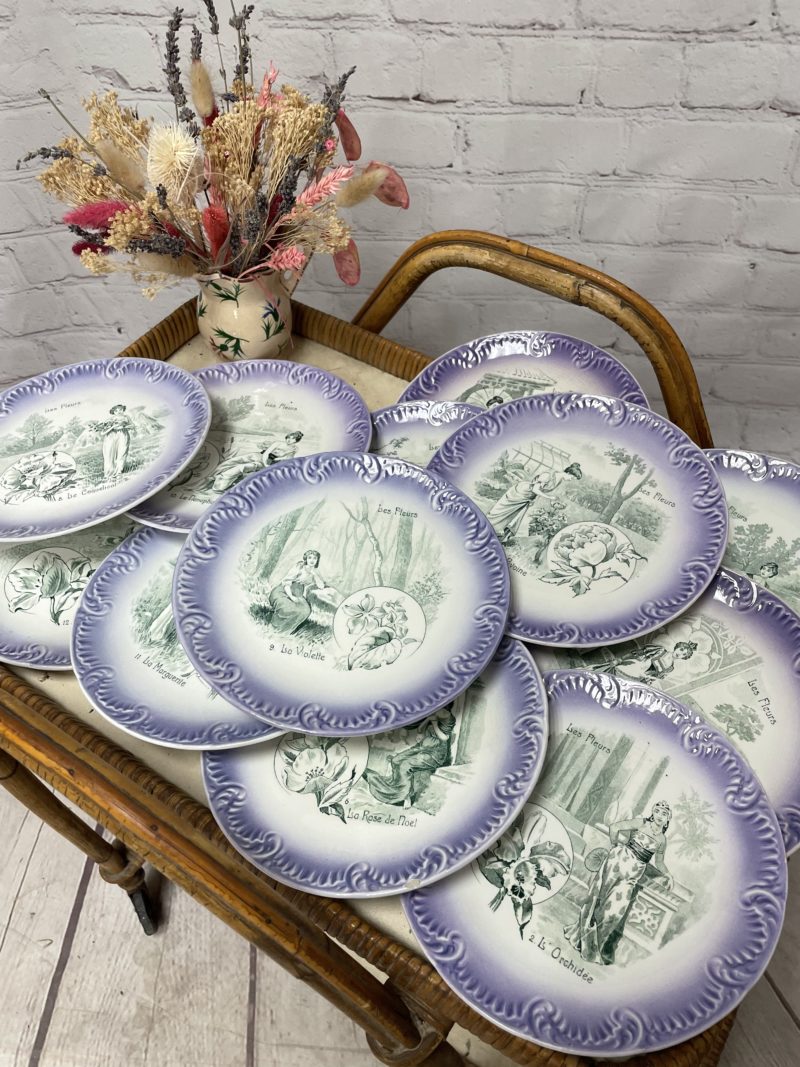 Collection 12 assiettes dessert parlantes digoin sarreguemines les fleurs (4)