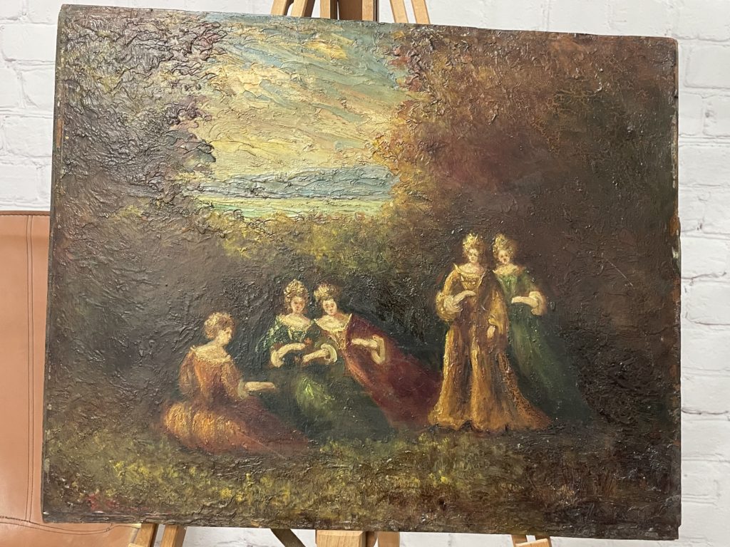 Peinture à L'huile Sur Panneau Bois 1900 - Paysage Impressionniste Femme Au Puits - Art Déco