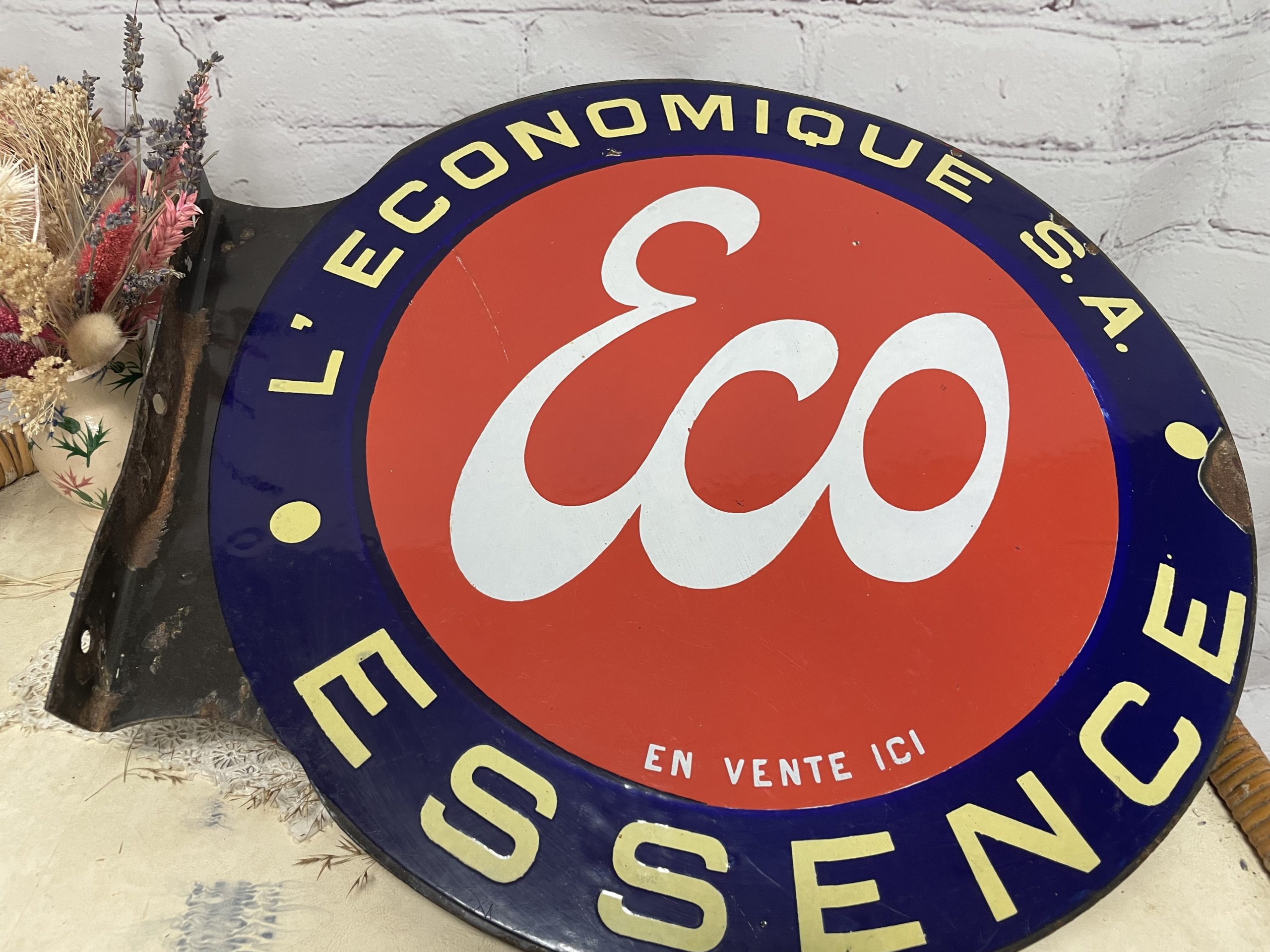 Ancienne plaque publicitaire métal émail essence Eco