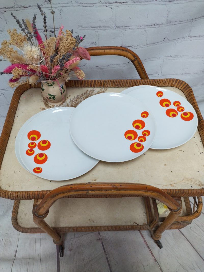 5 assiettes plates vintage orange psychédéliques pop