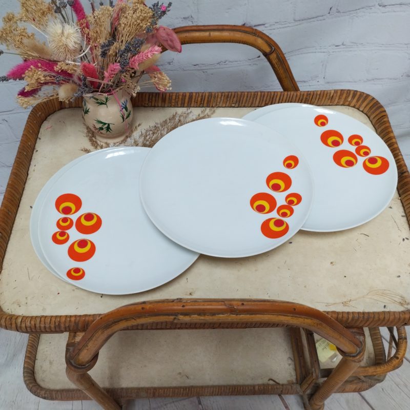 5 assiettes plates vintage orange psychédéliques pop