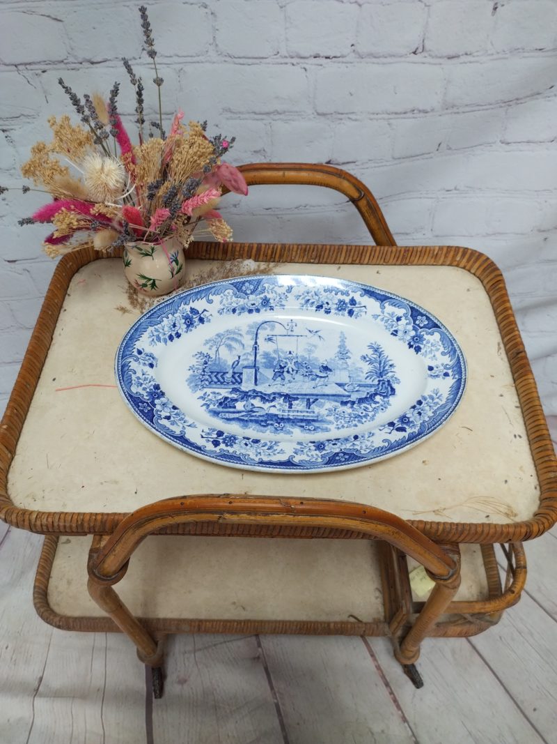 Grand plat presentation ovale porcelaine opaque creil montereau bleu vintage (3)