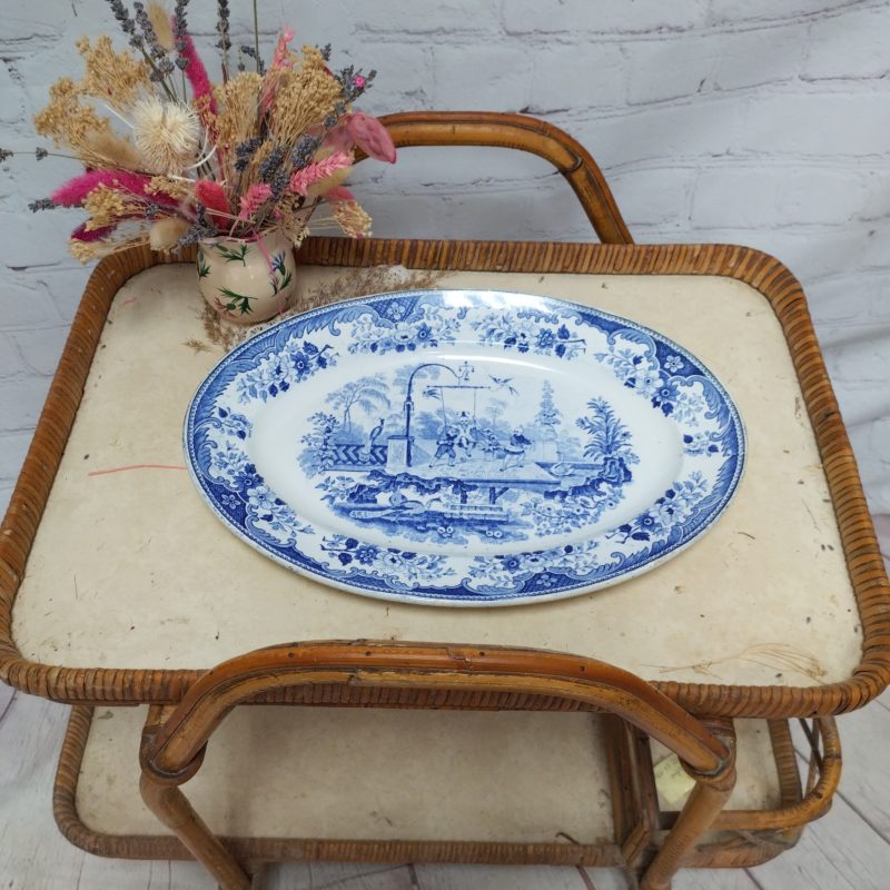 Grand plat presentation ovale porcelaine opaque creil montereau bleu vintage (3)