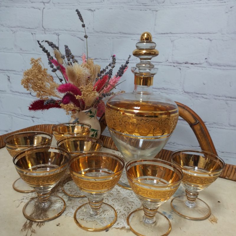 service alcool cognac vintage verre ivre carafe doré (1)