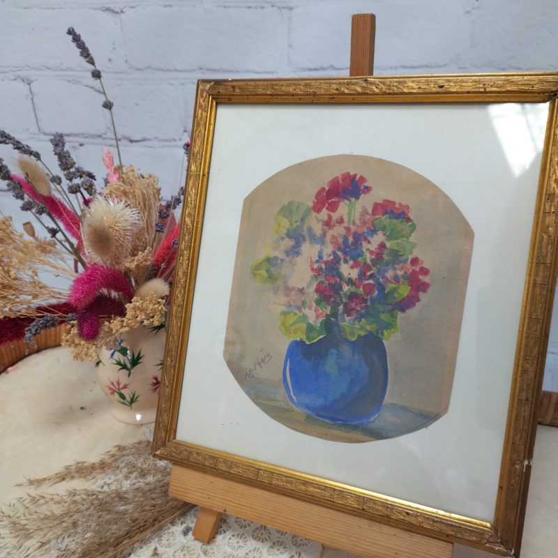 tableau aquarelle bouquet fleur vase bleu (2)