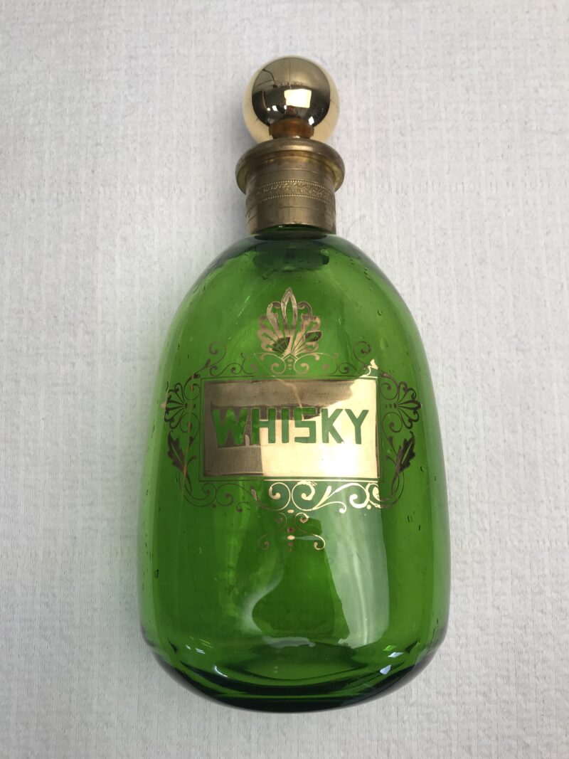 ancien flacon bouteille à whisky en cristal et bronze