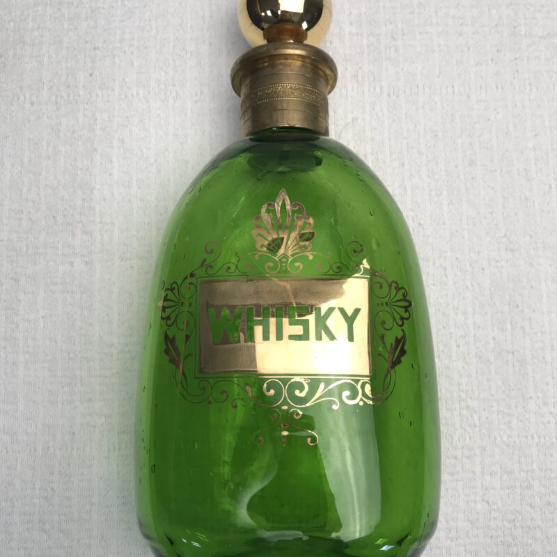 ancien flacon bouteille à whisky en cristal et bronze