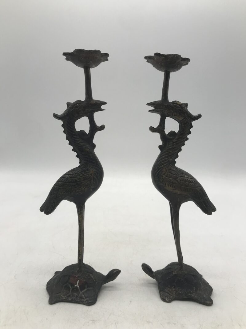 bougeoirs bronze grues sur tortues