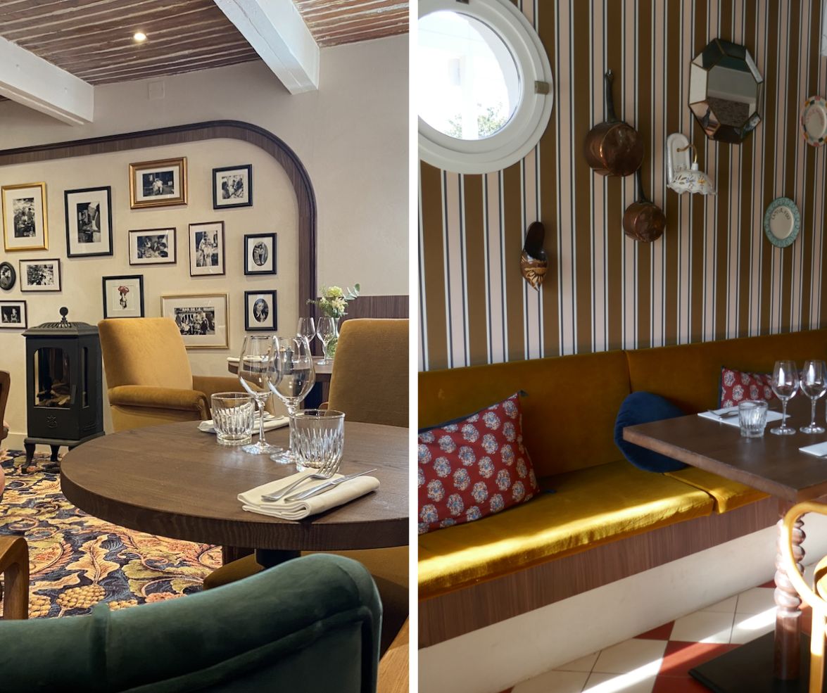 L’authenticité à table : vaisselle chinée et mobilier rétro dans une salle de restaurant provençale