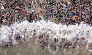 Des vêtements jetés polluent une rive, illustrant l’impact environnemental de la fast fashion.