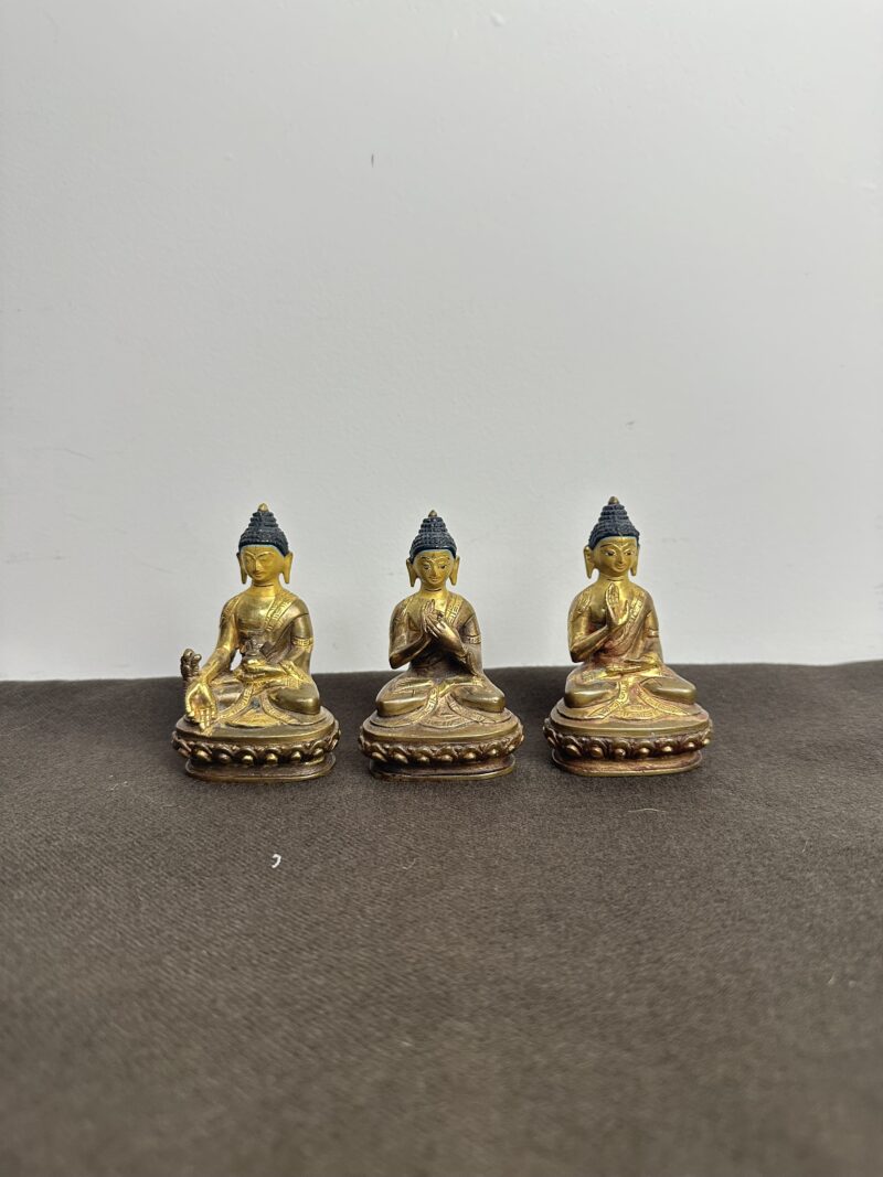 Ensemble de 3 statuettes Buddha en laiton anciennes