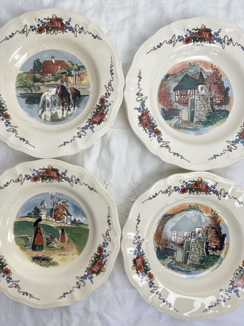 Lot de 4 assiettes creuses Obernai Sarreguemines décor signé H. Loux 