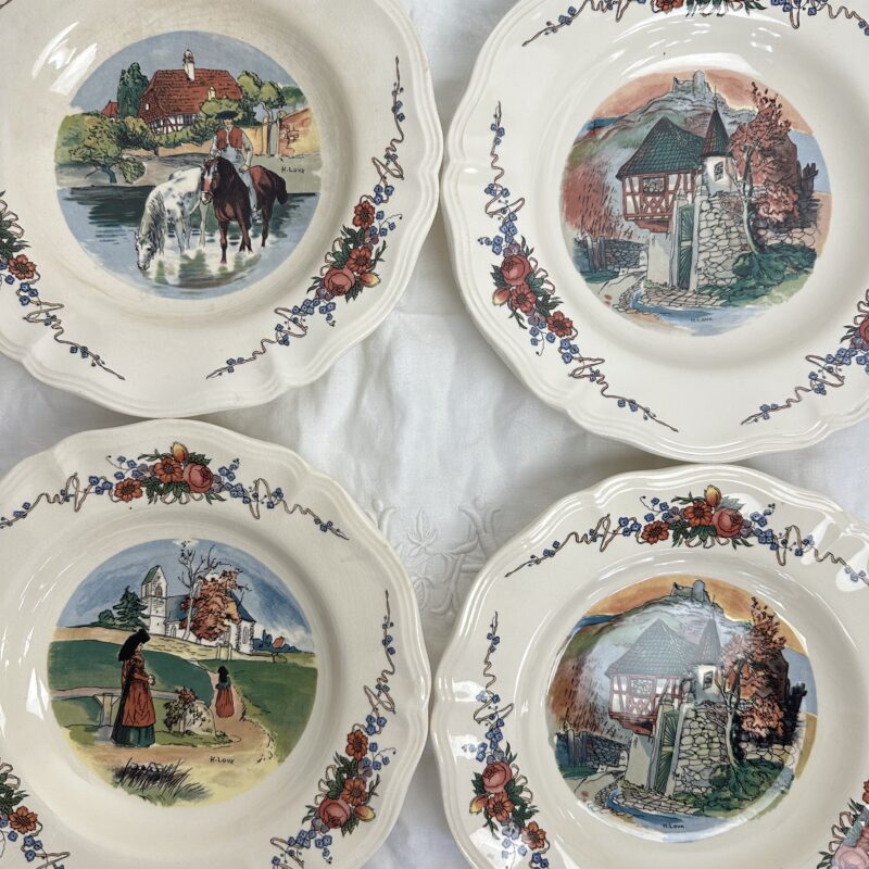Lot de 4 assiettes creuses Obernai Sarreguemines décor signé H. Loux 