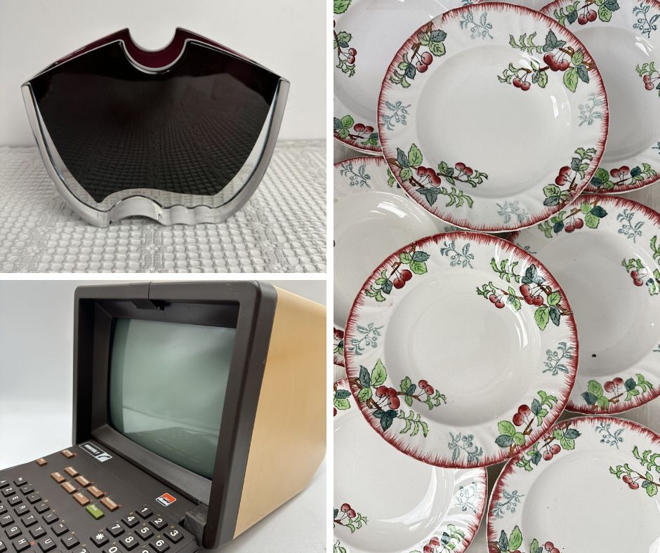 décoration vintage proposée par la marque broc les intemporels de la ressourcerie de venelles, minitel, vase designer , assiettes Longwy Montmorency