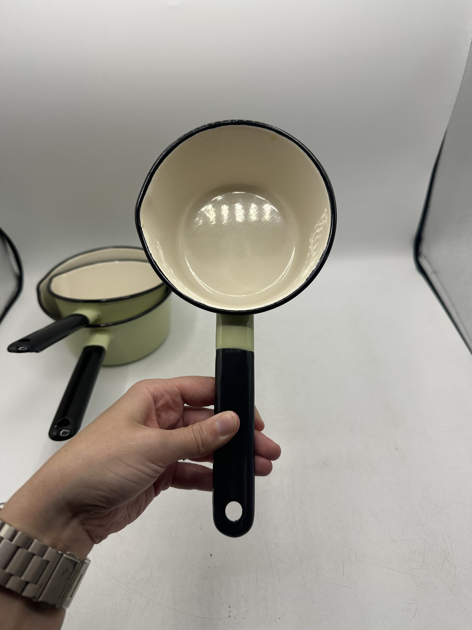 3 casseroles émaillées vert d’eau vintage – Image 12