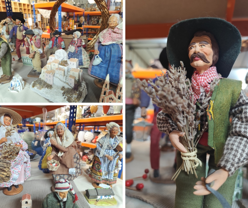 Présentation de santons anciens dans la boutique Histoires Sans Fin — "À la Ressourcerie, les santons trouvent une nouvelle scène pour raconter Noël."
