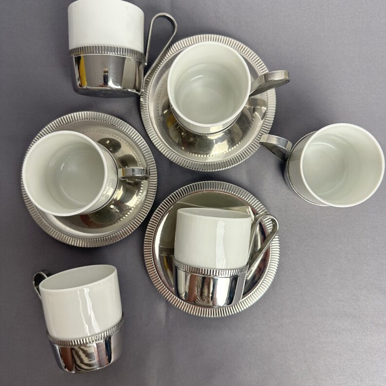 6 tasses expresso et soucoupes en inox Letang Remy