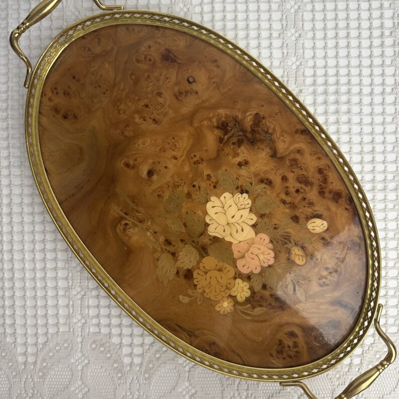 plateau vintage en bois marqueté